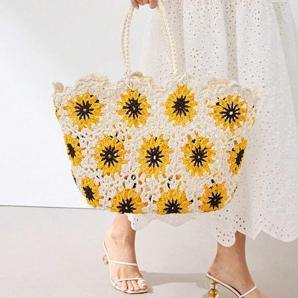 Neiman Marcus Handbags - Neiman Marcus White Floral Sunflower Knitted Beach Straw Tote Bag